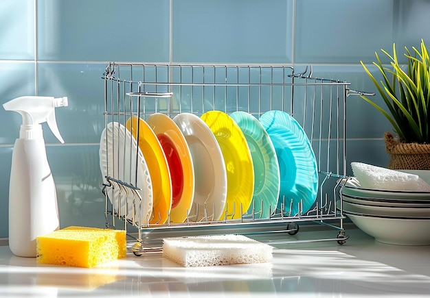 Photo of a dish rack with clean white and colorful plates dining or dinner set washing plates