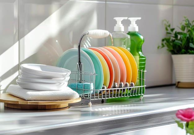 Photo of a dish rack with clean white and colorful plates dining or dinner set washing plates
