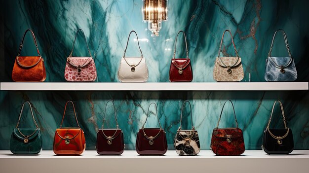 Photo a photo of a display of designer handbags luxurious marble backdrop