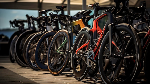 A photo of a display of triathlon bikes and gear