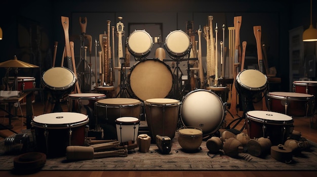 A photo of a display of various percussion instruments