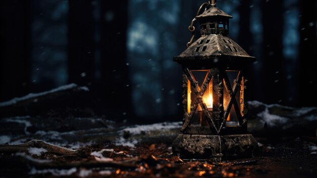 A photo of a distressed metal lantern dim evening light