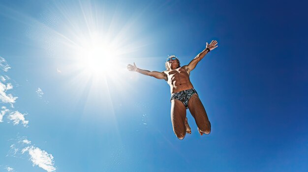 A photo of a diver midair during a high dive clear blue sky