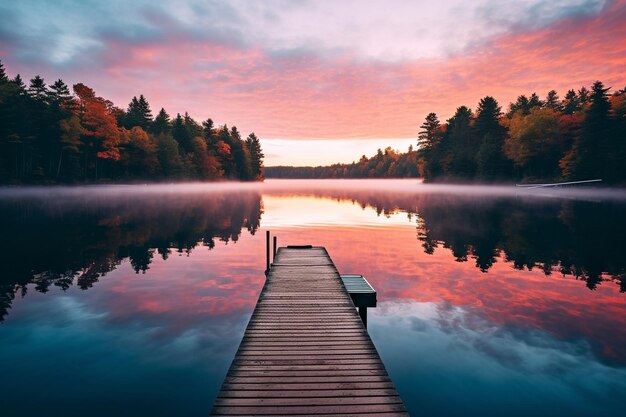 Photo photo of dock extending into calm lake as dawn breaks