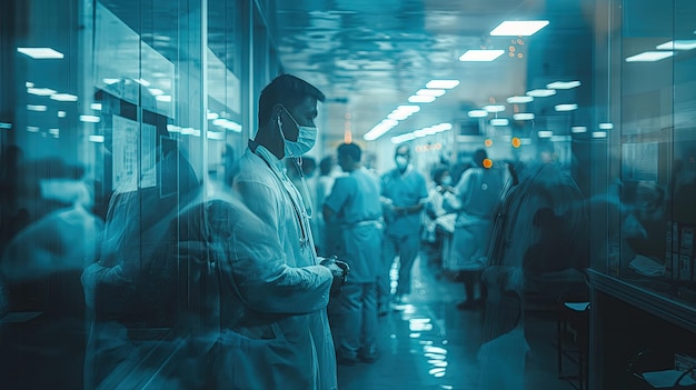 photo of a doctor in an emergency room Toned image double exposure
