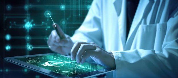 Photo photo of doctor looking at digital screen in front of him isolated on blurred background