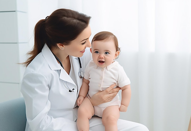 Photo of doctor pediatrician checking baby baby heart beat