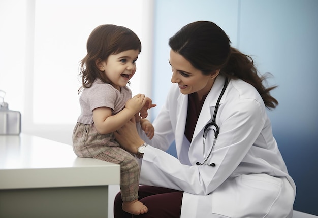 Photo of doctor pediatrician checking baby baby heart beat