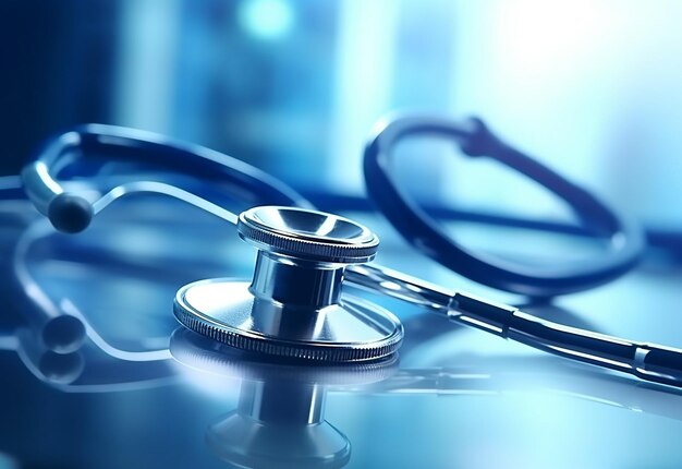 Photo of doctors stethoscope with blurred medical background