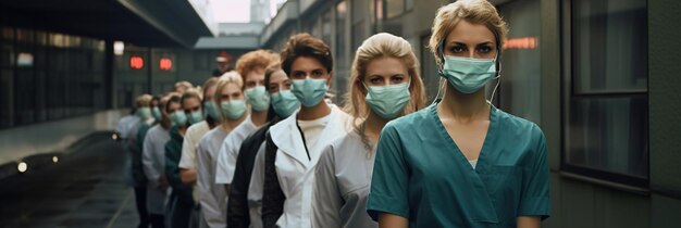 Photo of doctors wearing face masks on a busy city street People waiting in front of the hospital