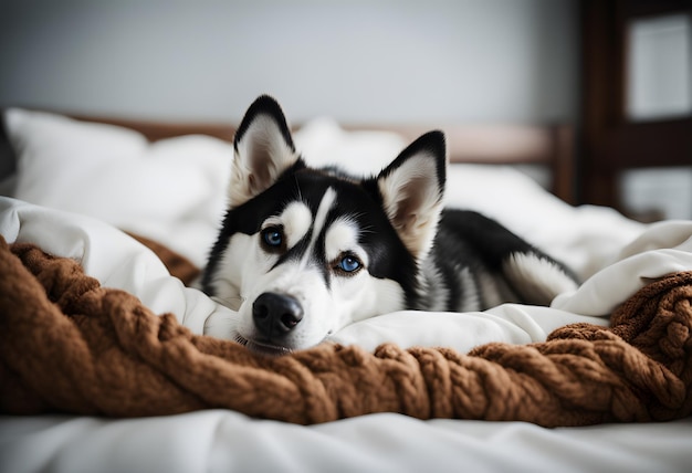 Photo dog at bed with fabric white