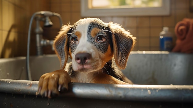 Foto una foto di un cane che fa il bagno in una vasca