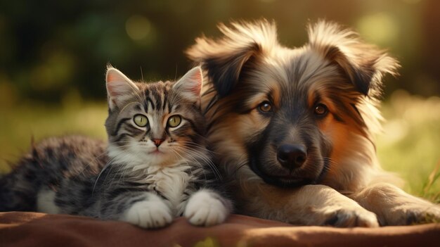 photo of dog and cat loving each other