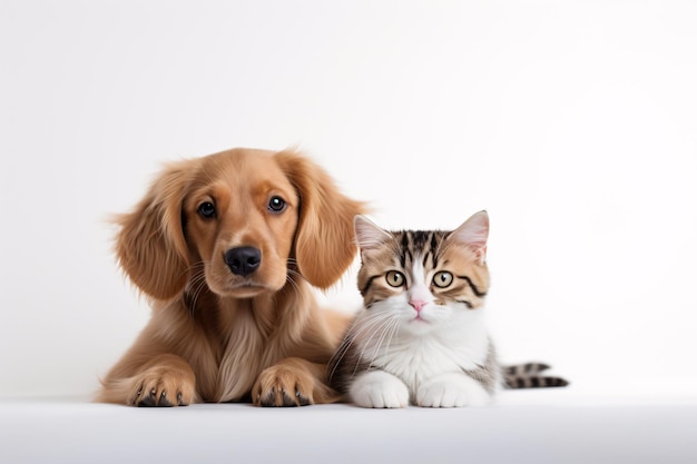 真っ白な背景に犬と猫の写真を撮る