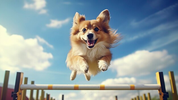 A photo of a dog going through an obstacle course