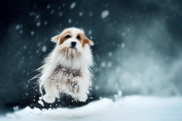 カメラ目線の雪の森の自然の中で犬の写真ソフトコートグラマースタイルの写真