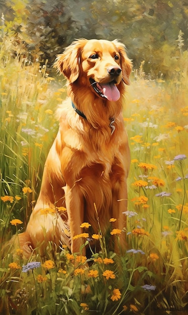 Photo dog setting in flowers generative ai