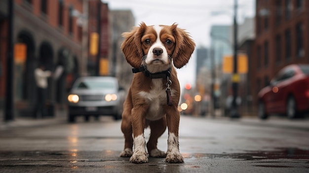 Photo of a dog standing on the street in downtown