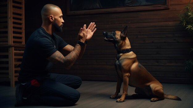 A photo of a dog trainer using hand signals