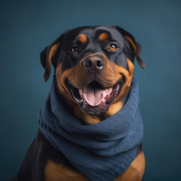 PHOTO A dog wearing a blue scarf