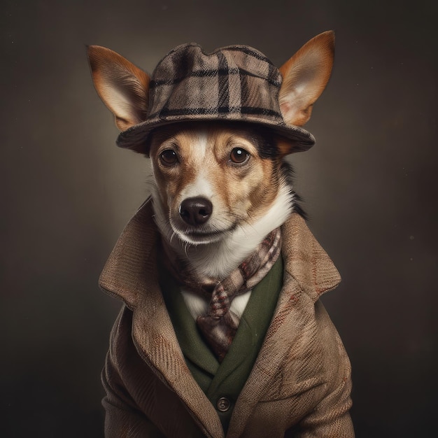 PHOTO A dog wearing a hat and coat t