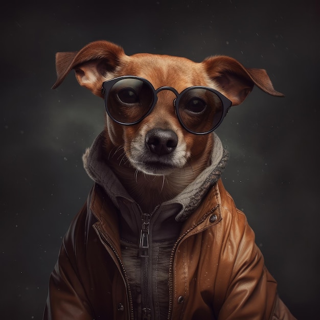 PHOTO A dog wearing a leather jacket and a jacket