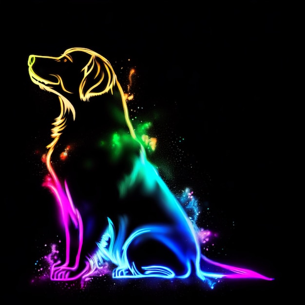 Photo a dog with neon color outline art effect generative AI