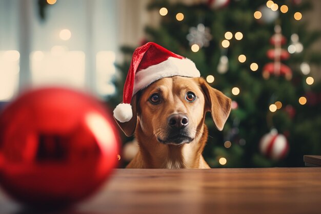 Photo photo of a dog with santa claus hat inside home high quality photo