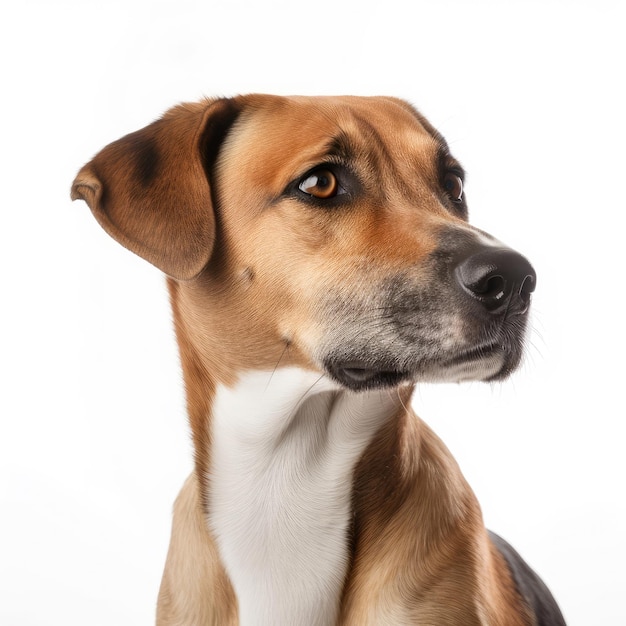 PHOTO 胸に白い斑点のある犬が右を向いている