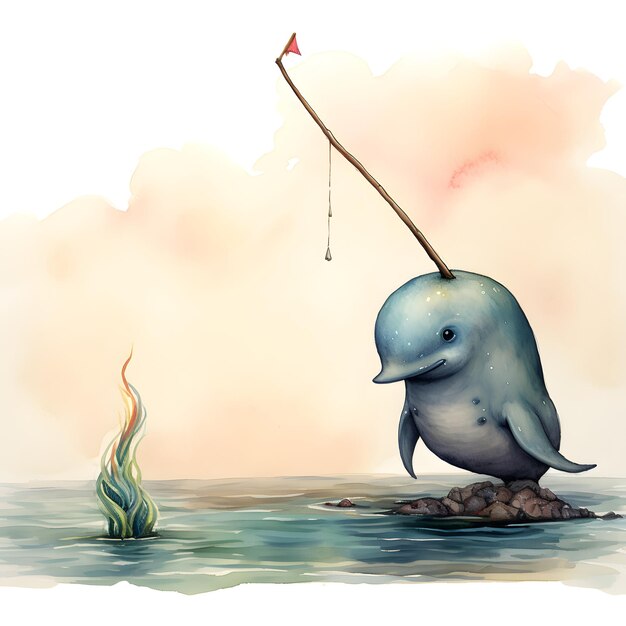 Photo of a dolphin painting with a unique twist a fishing pole on its head