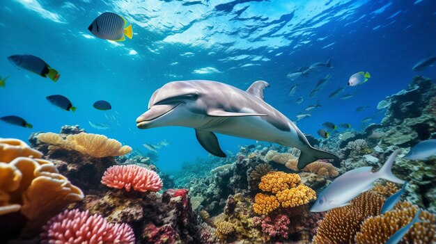 Photo of dolphin with various fish between healthy coral reefs in the blue ocean