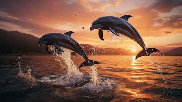 photo of Dolphins inder water in the middle of the ocean sunset