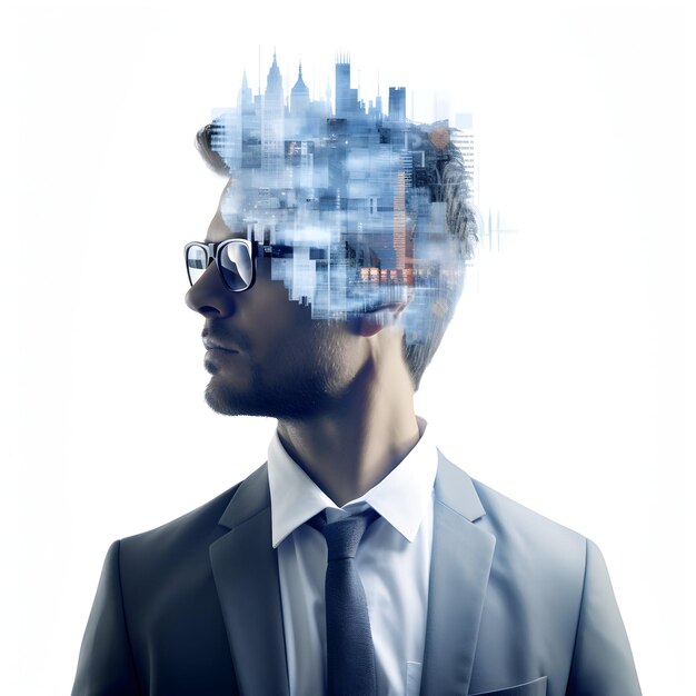 Photo Double exposure concept with businessman man looking on future generative ai