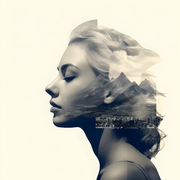 Photo photo double exposure portrait of woman face combined with nature generative ai