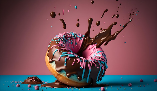 Фото пончика с розово-сине-белой глазурью и посыпкой на нем генеративный ай