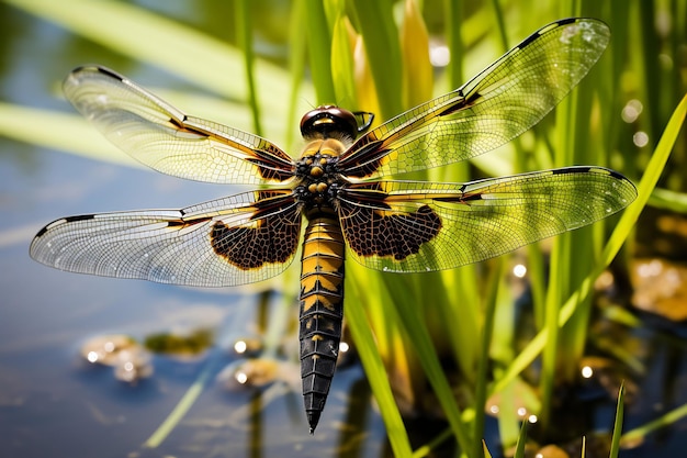 Photo of Dragonfly perched on a cattail by a pond Flower Garden