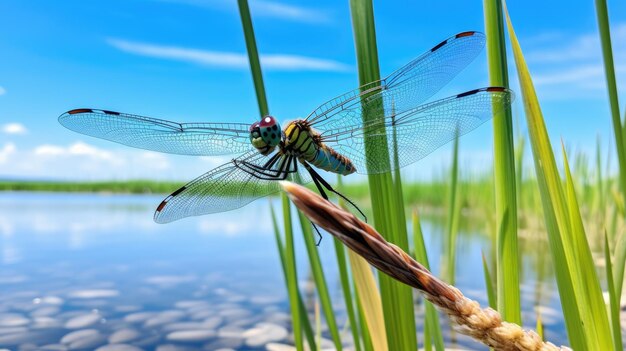 A photo of a dragonfly on a reed calm lake backdrop