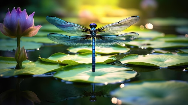 A photo of a dragonfly with symmetrical wings pond and lily pad backdrop
