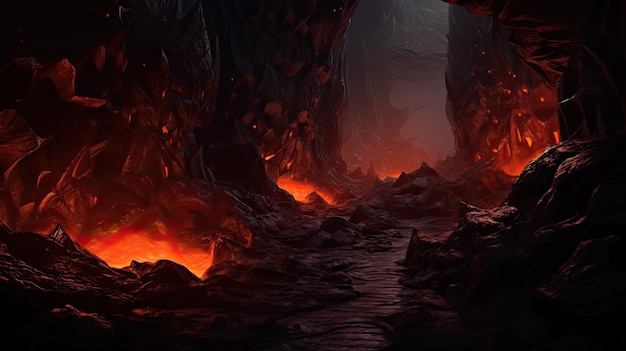 Photo a photo of a dragons lair glowing lava pits