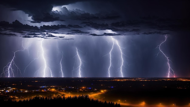 Photo of a dramatic lightning storm illuminating a city skyline at night