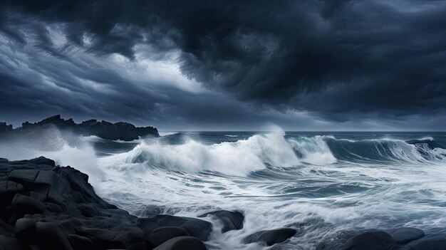 Foto una foto di un drammatico paesaggio marino con le onde che si infrangono