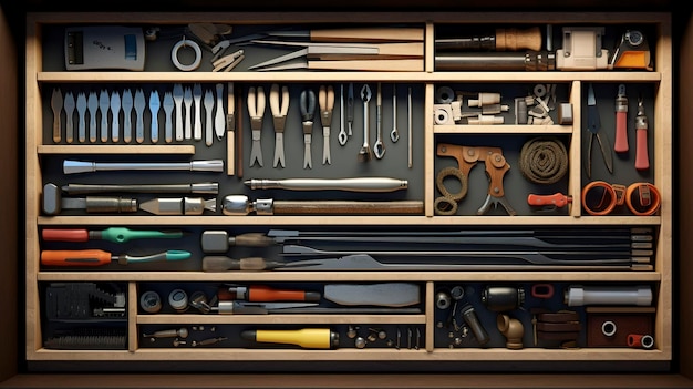 A photo of a drawer with neatly arranged office tools