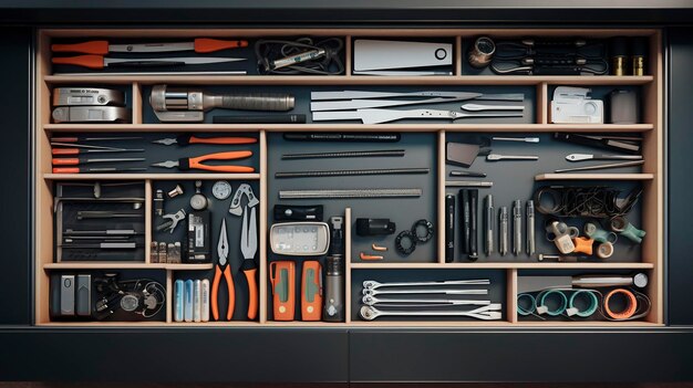 A photo of a drawer with neatly arranged office tools