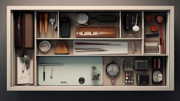 A photo of a drawer with office essentials