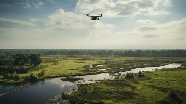 野生生物保護区の上空の航空データを撮影するドローンの写真