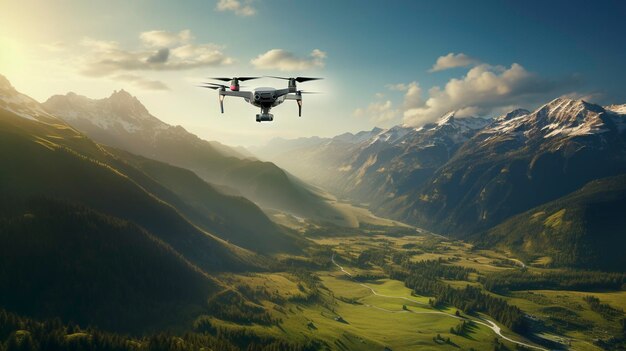 A photo of a drone hovering above a picturesque landscape