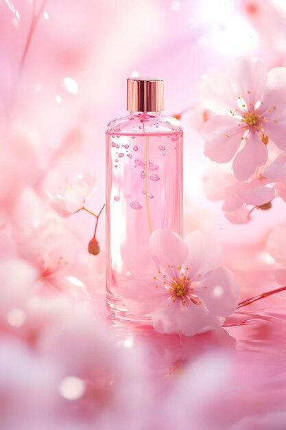 Photo of dropper bottle cosmetic surrounded by floating petals gently cosmetic packaging concept