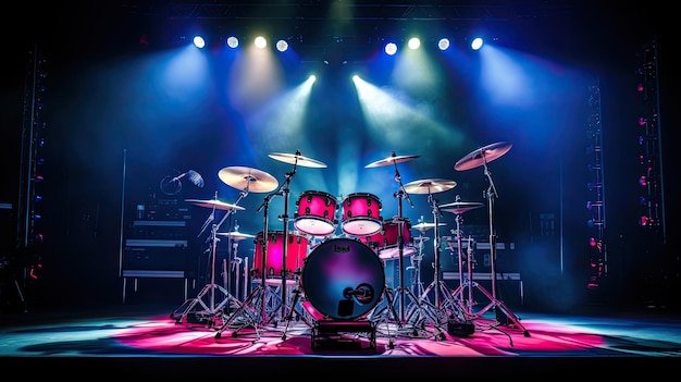 Photo a photo of a drum set on a concert stage with vibrant stage lights