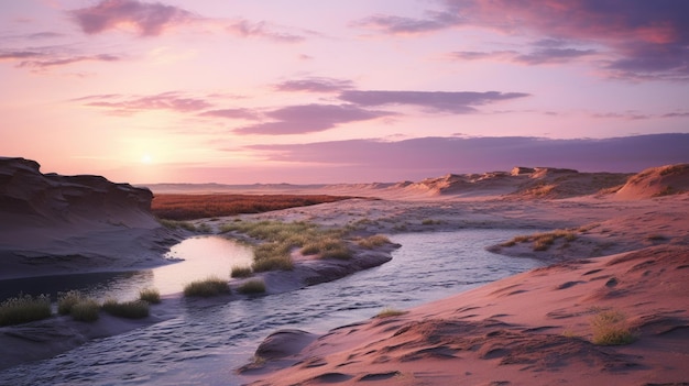 A photo of a dune terrain with a river backdrop soft sunset lighting