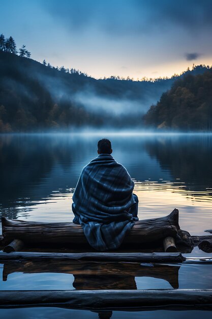 Photo of dusk by the lake a person sits on a weathered dock by a tran blue monday wallpaper phone